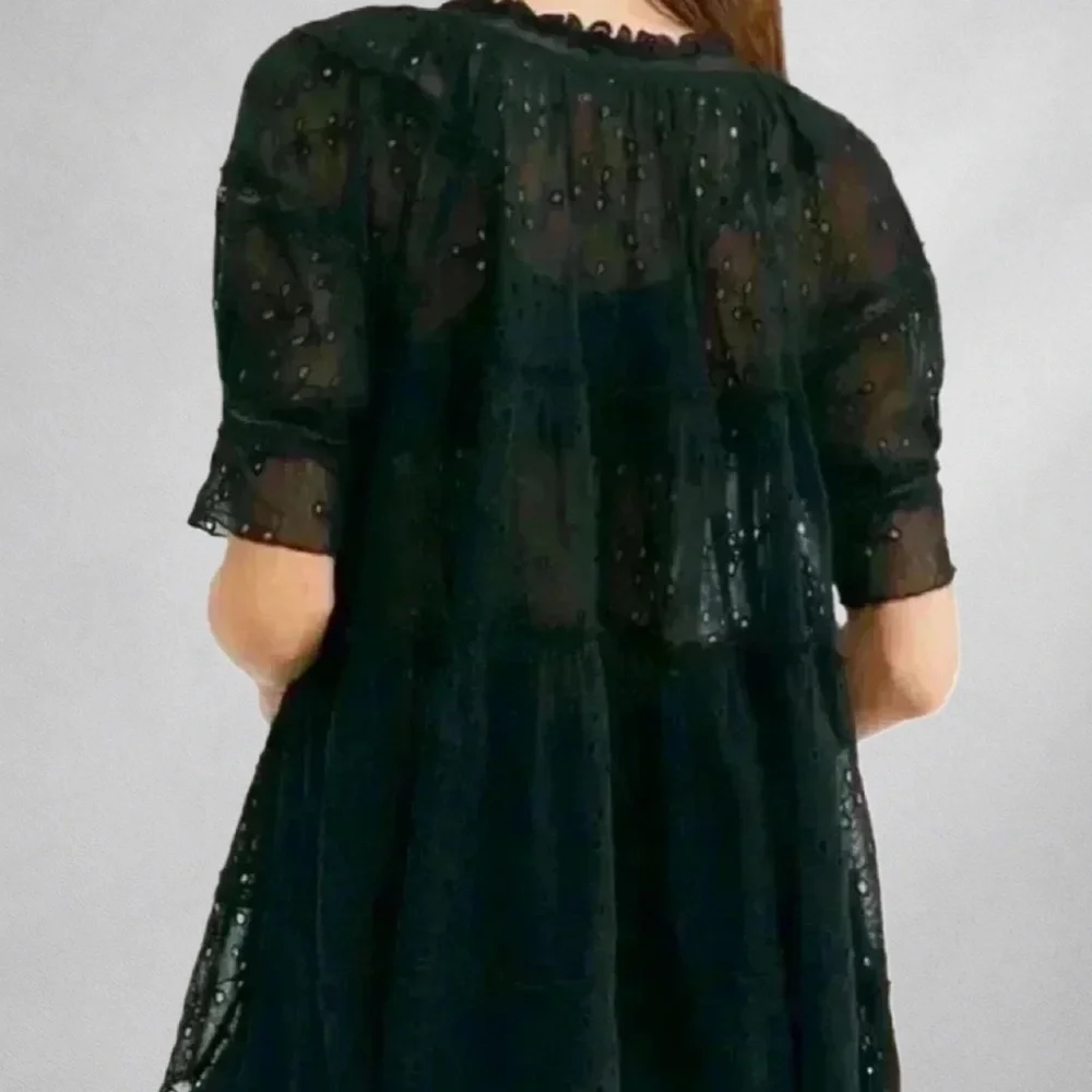 Free People Womens Blouse SP Black Eyelet Boho Semi Sheer Ruffle Puff Sleeve